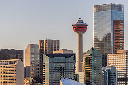 Calgary city skyline in warm evening light