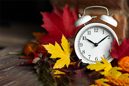 Autumn composition with retro alarm clock and bright leaves