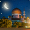 ramadan kareem greetings. Islamic lantern on night sky with crescent moon and stars. End of fasting.