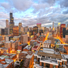 aerial skyline view of Chicago in evening
