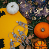 Halloween flatlay with skeletons and pumpkins
