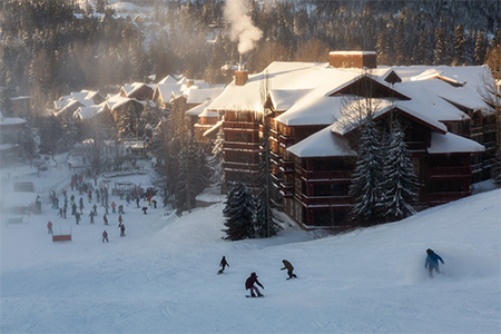 View from above of Creekside Village during a sunny winter day, Whistler Mountain, British Columbia,