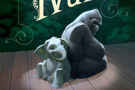 Cropped image of book cover with elephant and gorilla sitting back to back smiling.