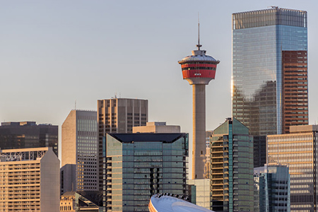 Calgary city skyline in warm evening light