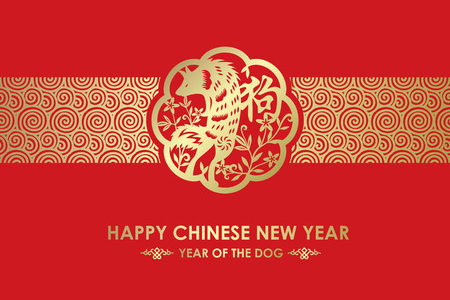 Happy Chinese new year and year of dog card with gold dogs in flower circle and gold ribbon texture 