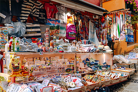 Beautiful colorful local souvenir shop on the narrow streets of Portofino
