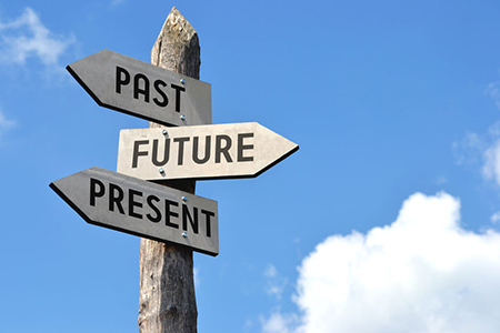 Wooden signpost - past, future, present