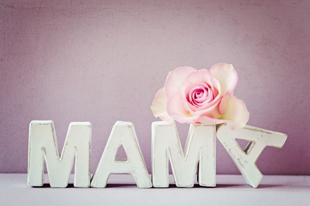 mama text white wooden blocks with pink flower