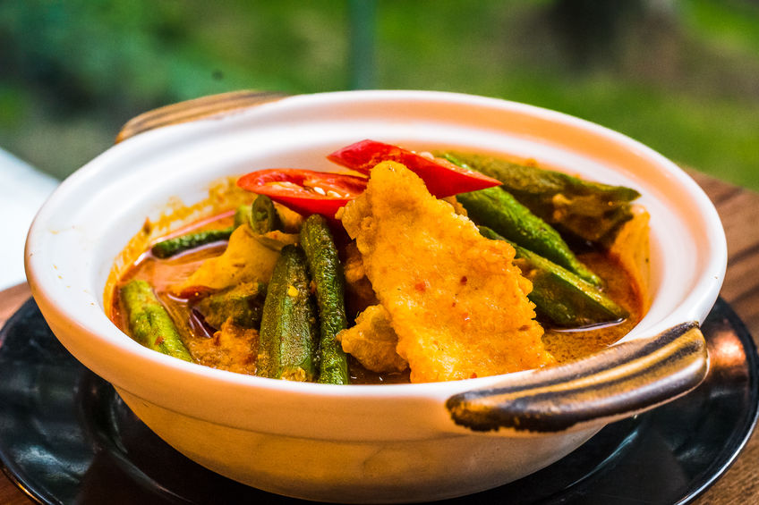 Mild fish curry with chilli, lady's fingers, okra, long beans, snap beans