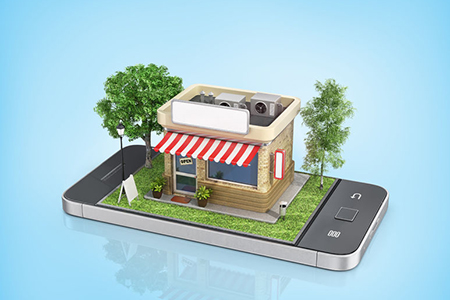 Illustration of 3D store on smartphone screen - online shopping concept