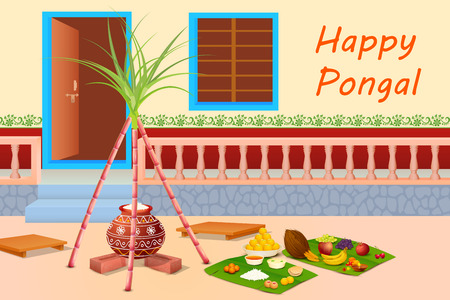 Illustration of Happy Pongal celebration clay pot and food under leaves