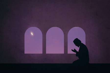 Illustration of windows with new moon appearing. Silhouette of man praying in foreground.