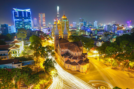 Notre Dame cathedral in Ho Chi Minh City, Vietnam night view
