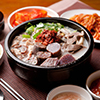 Korean sausage Sundae and rice soup pot with various side dishes, gukbap