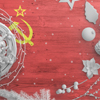 Soviet Union flag on wooden table with snow objects. Christmas and new year background, celebration 