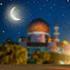ramadan kareem greetings. Islamic lantern on night sky with crescent moon and stars. End of fasting.