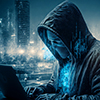 Computer Hacker Cyber Crime Illustration, Hacker using Laptop, City Background, Binary Code, Hacking
