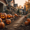 Halloween pumpkins in a row front of houses