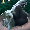 Cropped image of book cover with elephant and gorilla sitting back to back smiling.