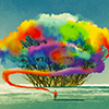 man draws abstract tree with colorful smoke flare,illustration painting