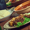 Congolese cuisine, Traditional assorted African dishes, Top view.