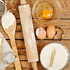 baking preparation, top view of a variety of objects on wooden planks