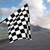 Checkered waving flag on city background. 
