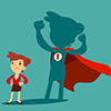 Confident businesswoman standing in front of her shadow wearing red cape as a superhero. Business am