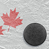 hockey puck on ice with images of red maple leaf