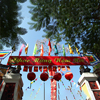 Festive colorful decorations on a building for celebrating Tet - Vietnamese New Year