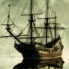 Vintage, old ship floating in the ocean floating on a moonlight night starry sky background. Adventu