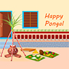 Illustration of Happy Pongal celebration clay pot and food under leaves