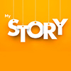 word 'Story' hung on strings, yellow background
