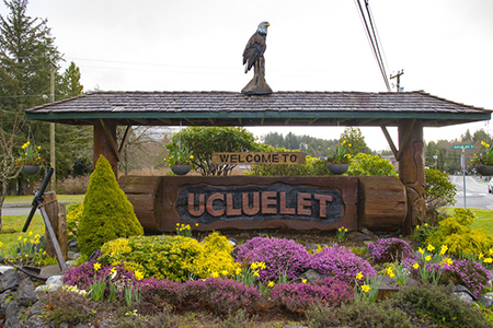 Welcome sign at the entrance of Ucluelet in the west coast of Vancouver Island, Canada