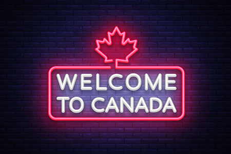 Welcome to Canada Neon Sign Vector. Welcome to Canada symbol banner light, bright night Illustration