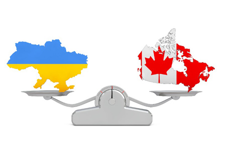 Ukraine and Canada Maps Balancing on a Simple Weighting Scale on a white background. 3d Rendering