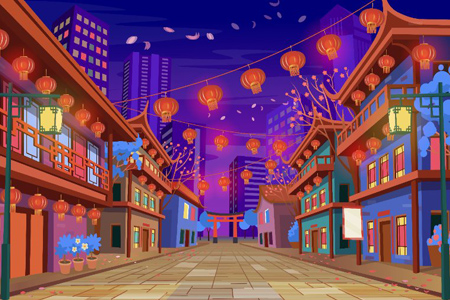 Panorama chinese street with old houses, chinese arch, lanterns and a garland. Vector illustration o