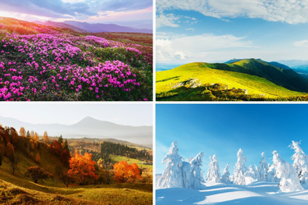 Four season nature landscapes in mountains.