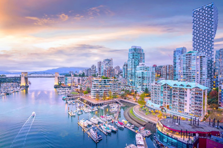 Beautiful view of downtown Vancouver skyline, British Columbia, Canada at sunset