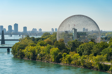 Montreal, CANADA - 19 September 2019: Biosphere & Saint-Lawrence River from Jacques-Cartier Bridge.