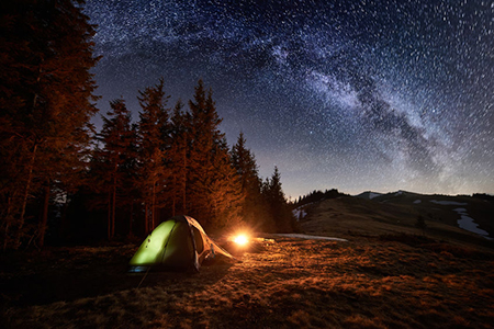 Night camping. Illuminated tent and campfire near forest under beautiful night sky full of stars and