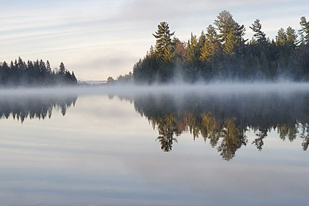 Whitefish Lake in Algonquin Provincial Park. Picture is about beautiful lake with a fog at early mor