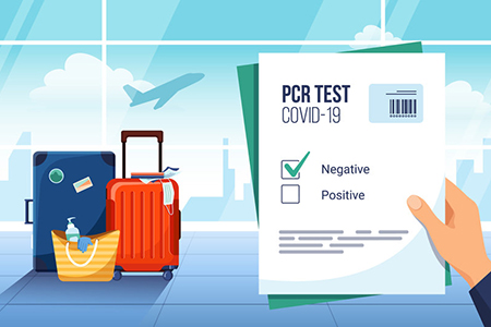illustrated image hand holding negative PCR test at airport, luggage in background. Window with plan