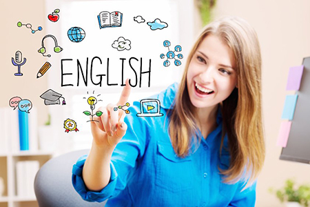 English text illustrated with icons over photo - woman in her home office interacting with illustrat