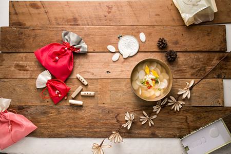 Rice cakes soup on table, top view