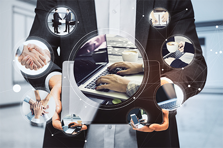 concept with steps of work: using laptop, calling, handshaking, making notes and drinking coffee