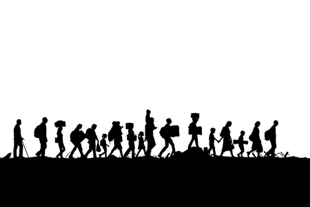 Silhouette of refugees people walking