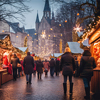 Christmas markets with colorful stalls, twinkling lights, and cheerful shoppers