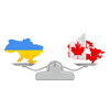 Ukraine and Canada Maps Balancing on a Simple Weighting Scale on a white background. 3d Rendering