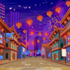 Panorama chinese street with old houses, chinese arch, lanterns and a garland. Vector illustration o